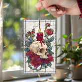 Skull and Candle Acrylic Suncatcher, Stained Glass Style Gothic Red Roses and Burning Candle Window Hanging, Dark Halloween Home Décor Gift
